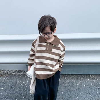 Μόδα φθινοπώρου παιδικό πουλόβερ με ριγέ μισό φερμουάρ γιακάς πέτο πλεκτό πουλόβερ για αγόρια