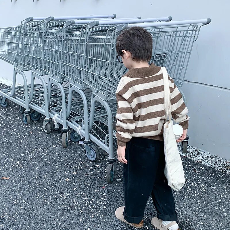 Μόδα φθινοπώρου παιδικό πουλόβερ με ριγέ μισό φερμουάρ γιακάς πέτο πλεκτό πουλόβερ για αγόρια