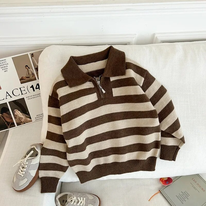 Μόδα φθινοπώρου παιδικό πουλόβερ με ριγέ μισό φερμουάρ γιακάς πέτο πλεκτό πουλόβερ για αγόρια