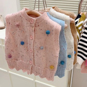 2024 de primăvară noi fete vestă colorată cu pompon cardigan drăguț cu nasturi Bebeluși copii îmbrăcăminte modă dantelă fund ținută tricotaje maiuri
