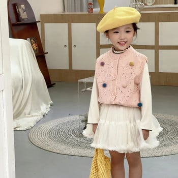 Άνοιξη 2024 Νέο κοριτσίστικο, πολύχρωμο γιλέκο πομπομ, χαριτωμένη ζακέτα με κουμπιά, παιδικά ρούχα μόδας με δαντέλα στο κάτω μέρος Πλεκτά μπλουζάκια