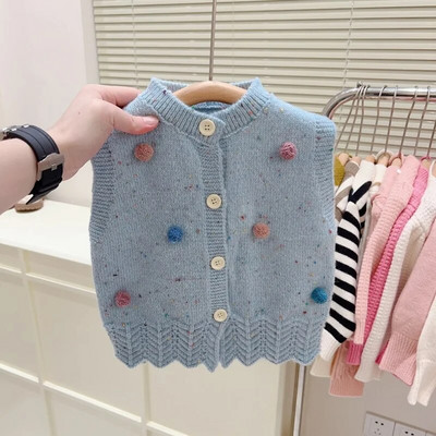 2024 de primăvară noi fete vestă colorată cu pompon cardigan drăguț cu nasturi Bebeluși copii îmbrăcăminte modă dantelă fund ținută tricotaje maiuri
