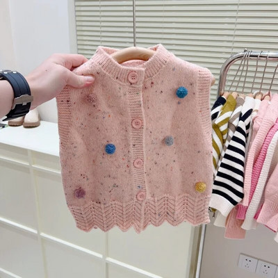 2024 de primăvară noi fete vestă colorată cu pompon cardigan drăguț cu nasturi Bebeluși copii îmbrăcăminte modă dantelă fund ținută tricotaje maiuri