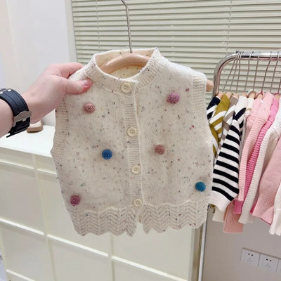 2024 de primăvară noi fete vestă colorată cu pompon cardigan drăguț cu nasturi Bebeluși copii îmbrăcăminte modă dantelă fund ținută tricotaje maiuri