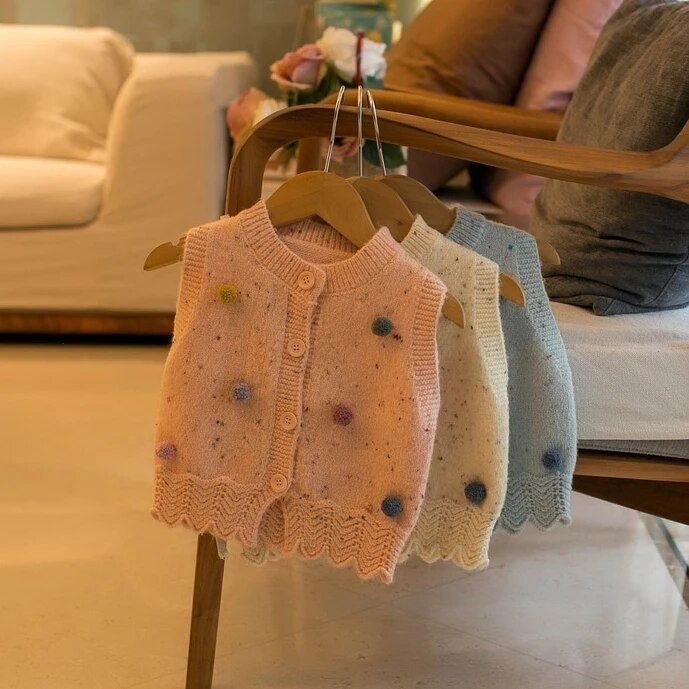 2024 de primăvară noi fete vestă colorată cu pompon cardigan drăguț cu nasturi Bebeluși copii îmbrăcăminte modă dantelă fund ținută tricotaje maiuri