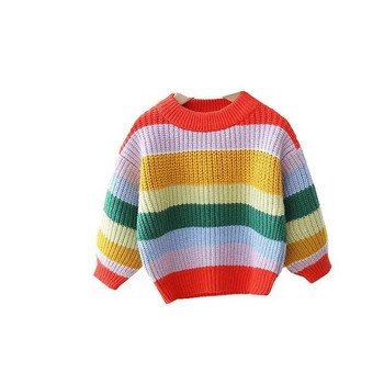 Детски пуловер с дъгови райета 2024 Пролет Есен Нов удебелен свободен плетен топ Ежедневен пуловер за момчета и момичета с дълъг ръкав
