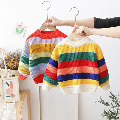 Детски пуловер с дъгови райета 2024 Пролет Есен Нов удебелен свободен плетен топ Ежедневен пуловер за момчета и момичета с дълъг ръкав
