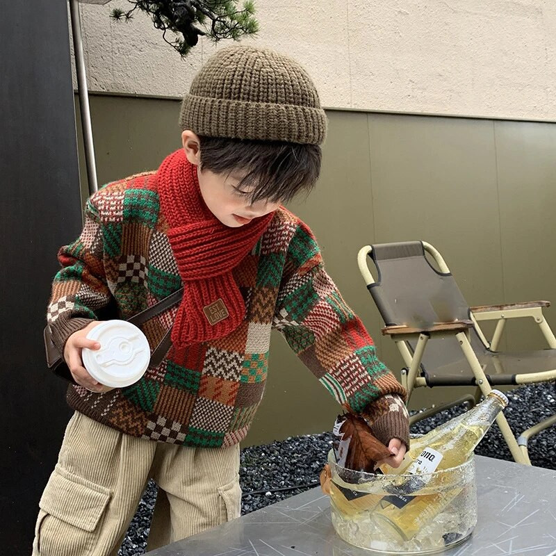Pulover de iarnă pentru băieți, îmbrăcăminte de toamnă, tricotaje pentru copii, pulover, top, carouri groase, pentru îmbrăcăminte pentru copii mari