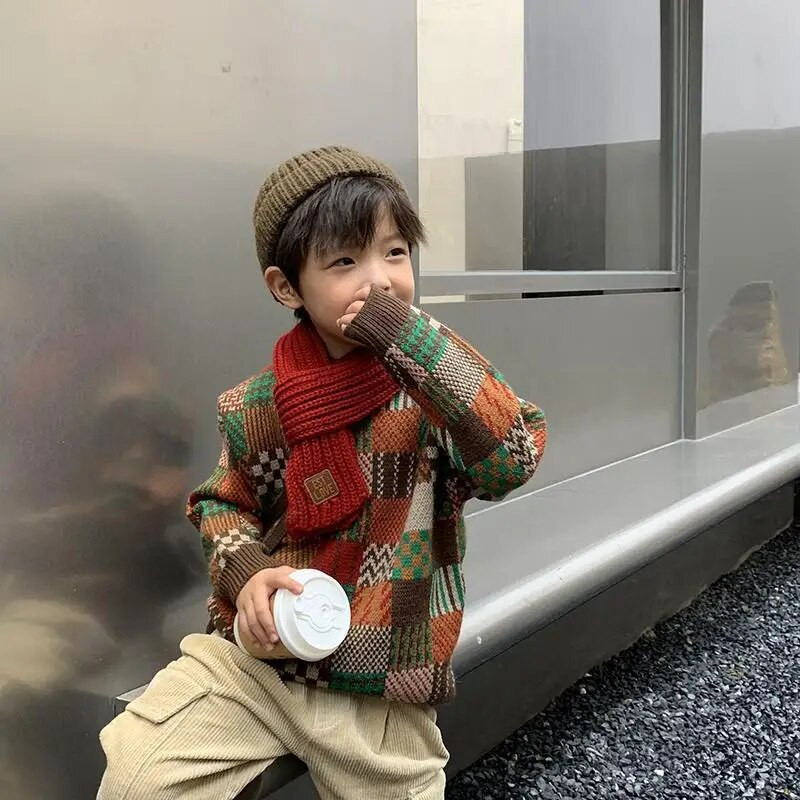 Pulover de iarnă pentru băieți, îmbrăcăminte de toamnă, tricotaje pentru copii, pulover, top, carouri groase, pentru îmbrăcăminte pentru copii mari