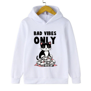 Bad Vibes Only Качулки с принт на котка и череп Бебешки суичъри с дълъг ръкав Harajuku Горнища с животни Забавни котки Детски дрехи Момичета
