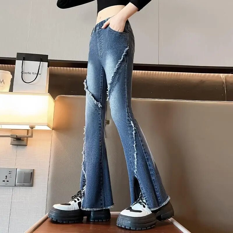 Adolescente Fete Blugi evazati Elastici Talie inalta Moda Casual Slim-Fit Coreeana 2023 Primavara Toamna 5 6 8 10 12 13 14 ani