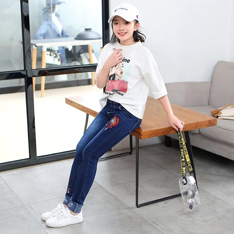 4-12 ani Pantaloni de primăvară toamnă Copii Broderie Fată Design Copii Blugi Pantaloni Cuhk Pantaloni de blugi pentru copii Adolescenți Îmbrăcăminte pentru copii