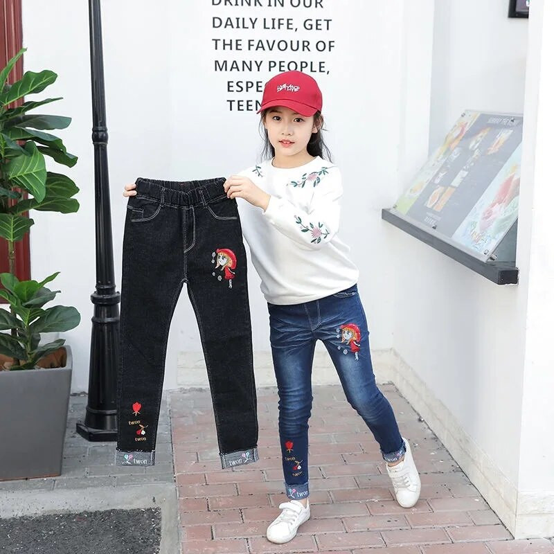 4-12 ani Pantaloni de primăvară toamnă Copii Broderie Fată Design Copii Blugi Pantaloni Cuhk Pantaloni de blugi pentru copii Adolescenți Îmbrăcăminte pentru copii
