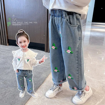 2024 Пролетни корейски детски дънкови панталони за момичета, памучни дънкови панталони с флорални щампи, ежедневни панталони с ластик на талията, малки момичета