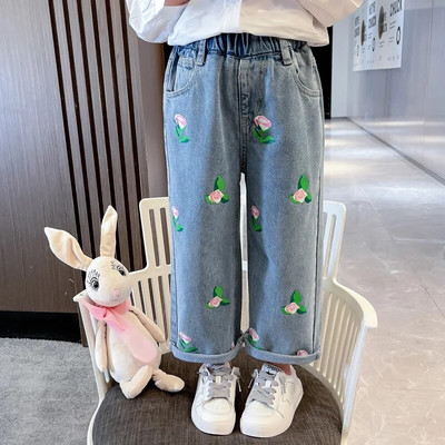 2024 Пролетни корейски детски дънкови панталони за момичета, памучни дънкови панталони с флорални щампи, ежедневни панталони с ластик на талията, малки момичета