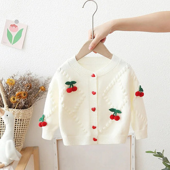 Πουλόβερ για κορίτσια Ζακέτα Άνοιξη Φθινόπωρο Νέο Love Button Ζεστά παλτό πουλόβερ Κορεάτικα Κοριτσίστικα χαριτωμένα πλεκτά μπλουζάκια με χοντρό κερασί