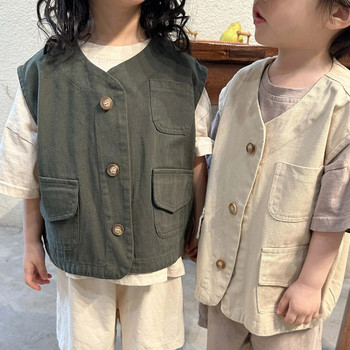 Едноцветни ежедневни жилетки в корейски стил 2023 г. Свободни ежедневни палта без ръкави за момчета и момичета 1-8 години