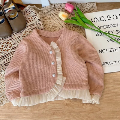 Moda pentru fetiță, prințesă, cardigane din dantelă pentru bebeluși, copii mici, cu volanați, nasturi de perle, haine ocazionale de primăvară, toamnă, pentru bebeluși 1-7 ani