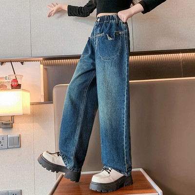 Pantaloni lați pentru școală pentru fete adolescente, 2023, design nou, ocazional, largi de primăvară, blugi lungi, pantaloni în stil coreean pentru copii, 5-14 ani