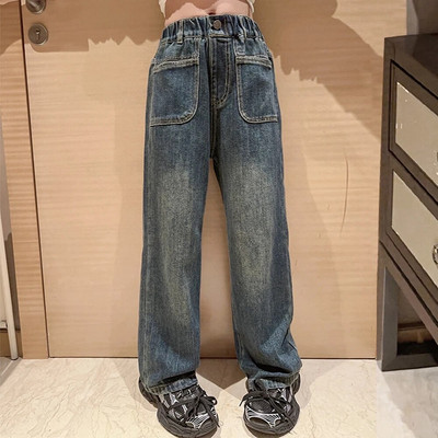 Pantaloni lați pentru școală pentru fete adolescente, 2023, design nou, ocazional, largi de primăvară, blugi lungi, pantaloni în stil coreean pentru copii, 5-14 ani