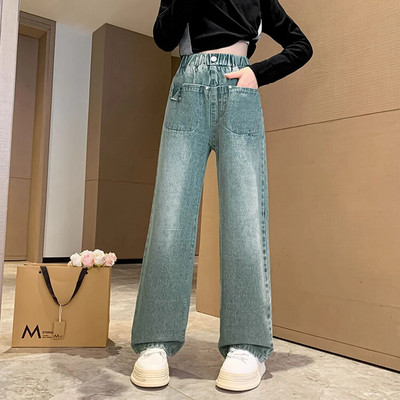 Pantaloni lați pentru școală pentru fete adolescente, 2023, design nou, ocazional, largi de primăvară, blugi lungi, pantaloni în stil coreean pentru copii, 5-14 ani