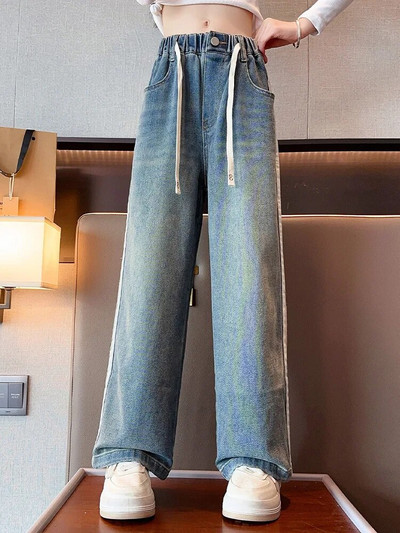 Ученически широки панталони за тийнейджърки 2023 г. Нов дизайн Ежедневни свободни пролетни модни дълги дънки Детски панталони в корейски стил 5-14 г.
