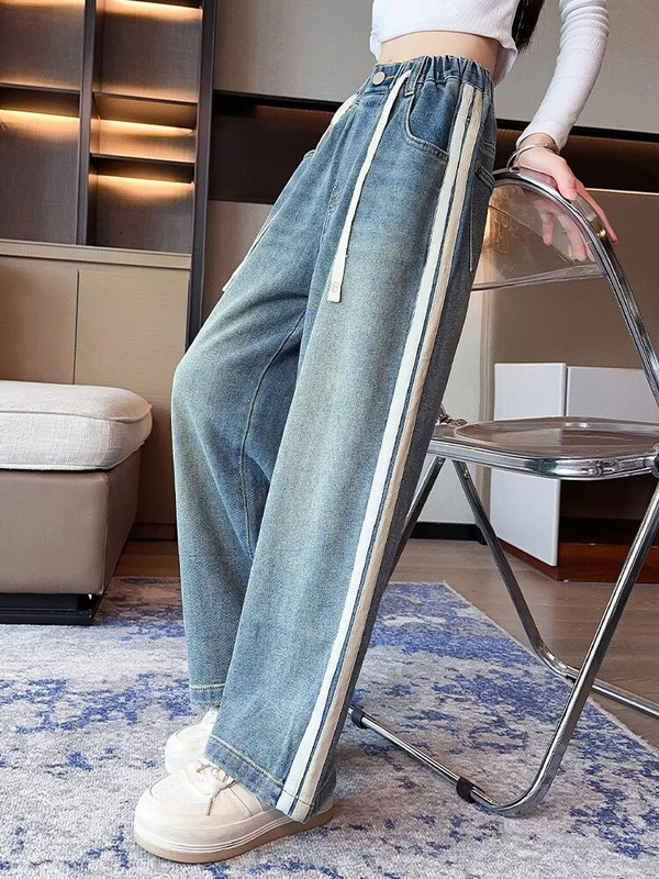 Pantaloni lați pentru școală pentru fete adolescente, 2023, design nou, ocazional, largi de primăvară, blugi lungi, pantaloni în stil coreean pentru copii, 5-14 ani