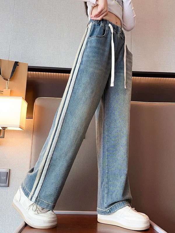 Pantaloni lați pentru școală pentru fete adolescente, 2023, design nou, ocazional, largi de primăvară, blugi lungi, pantaloni în stil coreean pentru copii, 5-14 ani