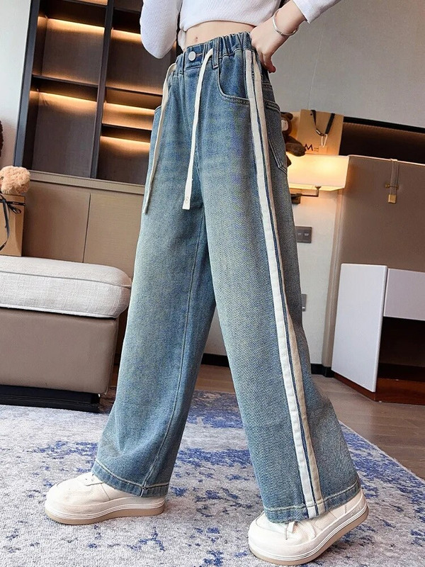 Pantaloni lați pentru școală pentru fete adolescente, 2023, design nou, ocazional, largi de primăvară, blugi lungi, pantaloni în stil coreean pentru copii, 5-14 ani