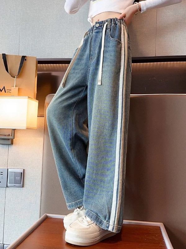 Pantaloni lați pentru școală pentru fete adolescente, 2023, design nou, ocazional, largi de primăvară, blugi lungi, pantaloni în stil coreean pentru copii, 5-14 ani