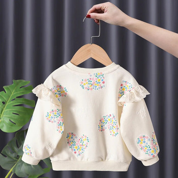 Μικρό κορίτσι Φούτερ Καρδιά εμπριμέ Πουκάμισο Χαριτωμένα μπλουζάκια σε κορεατικό στυλ Μαλακό βαμβακερό μανίκι με δαντέλα Φθινοπωρινά παιδικά ρούχα για κοριτσάκι