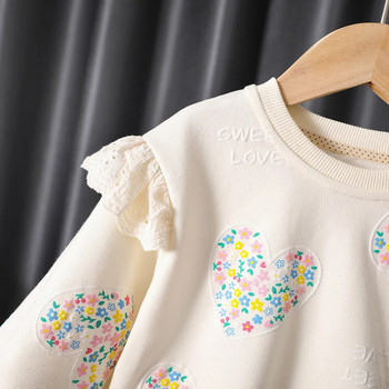 Суичър за малко момиче Риза с щампа на сърце Сладки тениски в корейски стил Меки памучни дантелени ръкави Есенно детско облекло за момиченце