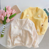 Pulover s cvjetovima za djevojčice, kardigan, novo proljeće i jesen 2024. Dječje pletene majice s V-izrezom Modni izdubljeni široki kaputi