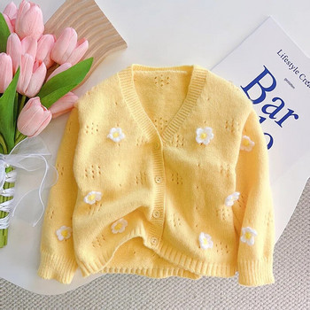 Κορίτσι Baby Flower πουλόβερ Ζακέτα 2024 Νέα Άνοιξη Φθινόπωρο Παιδικά πλεκτά μπλουζάκια με λαιμόκοψη σε σχήμα V Μόδα Φαρδιά παλτό