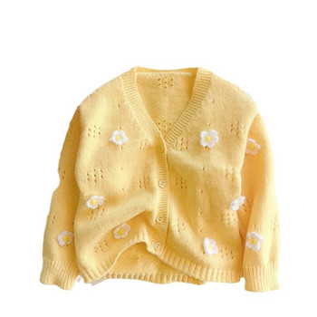 Момиче Бебешки пуловер с цветя Жилетка 2024 Нова пролет есен Детски плетени топове с V-образно деколте Модни издълбани свободни палта