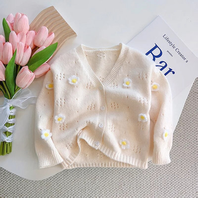 Pulover s cvjetovima za djevojčice, kardigan, novo proljeće i jesen 2024. Dječje pletene majice s V-izrezom Modni izdubljeni široki kaputi