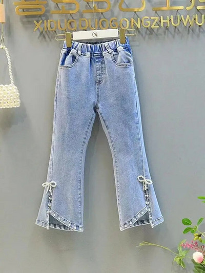 Proljetne i jesenske traperice za djevojčice, moderne biserne i korejske hlače, lepršave hlače od čistog pamuka, tanka mašna za djevojčice