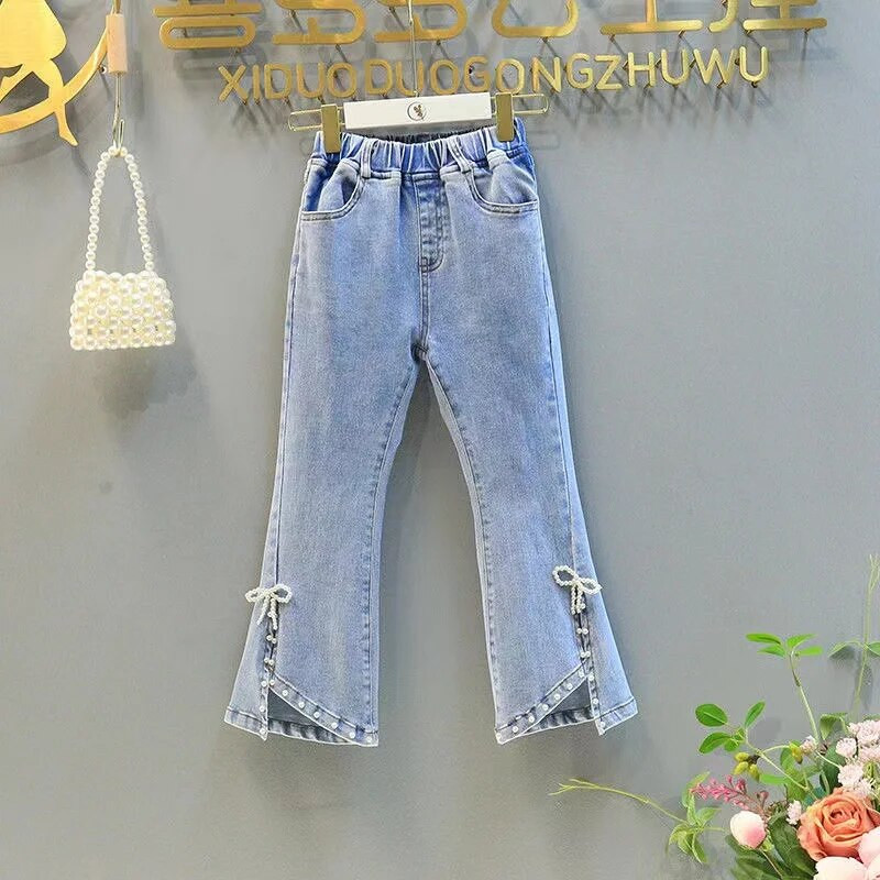 Proljetne i jesenske traperice za djevojčice, moderne biserne i korejske hlače, lepršave hlače od čistog pamuka, tanka mašna za djevojčice