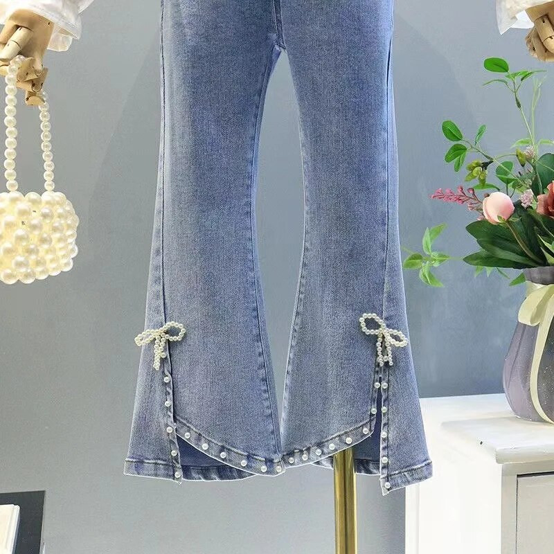 Proljetne i jesenske traperice za djevojčice, moderne biserne i korejske hlače, lepršave hlače od čistog pamuka, tanka mašna za djevojčice