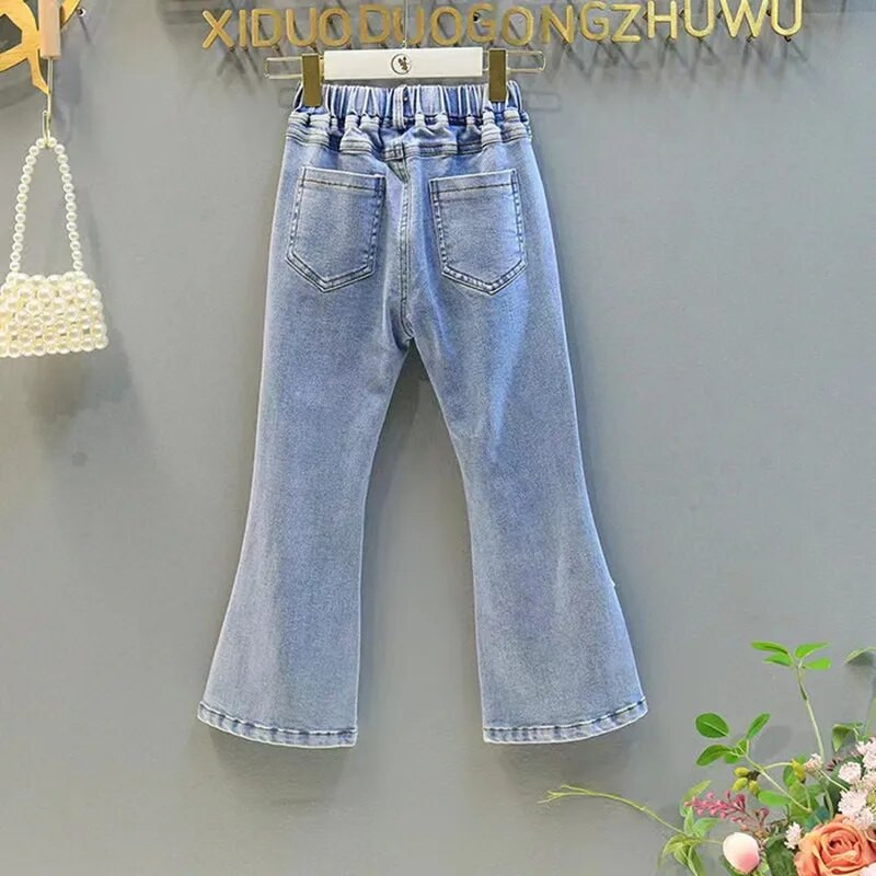 Proljetne i jesenske traperice za djevojčice, moderne biserne i korejske hlače, lepršave hlače od čistog pamuka, tanka mašna za djevojčice