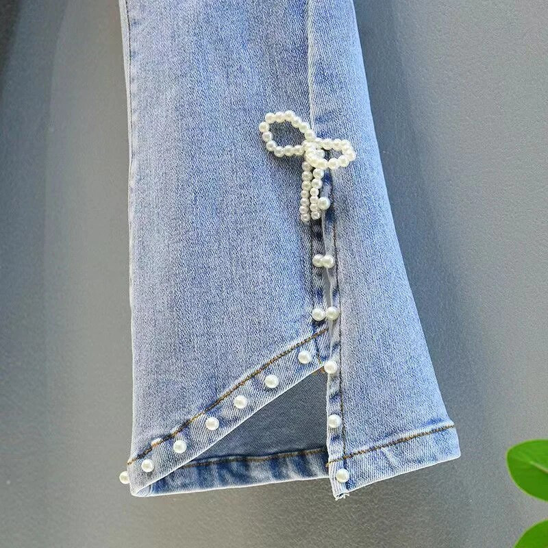 Proljetne i jesenske traperice za djevojčice, moderne biserne i korejske hlače, lepršave hlače od čistog pamuka, tanka mašna za djevojčice