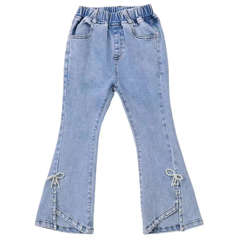 Proljetne i jesenske traperice za djevojčice, moderne biserne i korejske hlače, lepršave hlače od čistog pamuka, tanka mašna za djevojčice