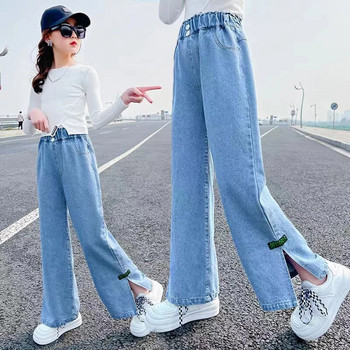 Японски корейски стил момиче пролет есен прави широки панталони модни детски деним дънки тийнейджърски ежедневни панталони 4-14 години