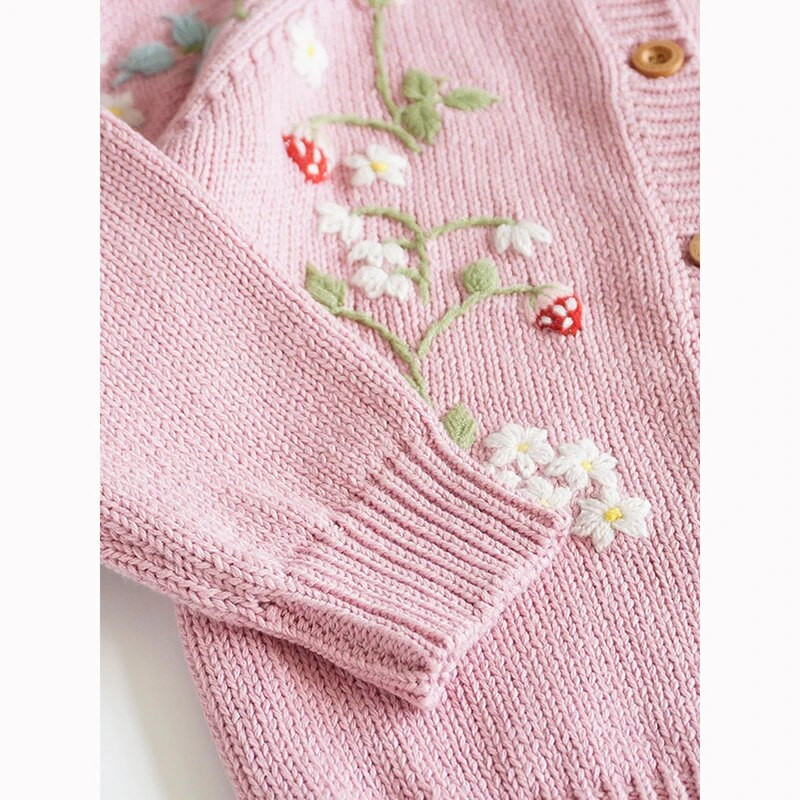 Baba lány hercegnő pulóver virágos hímzés, eper kötött kardigán csecsemő tipegő gyerek pulóver öltözék őszi kötött kardigán