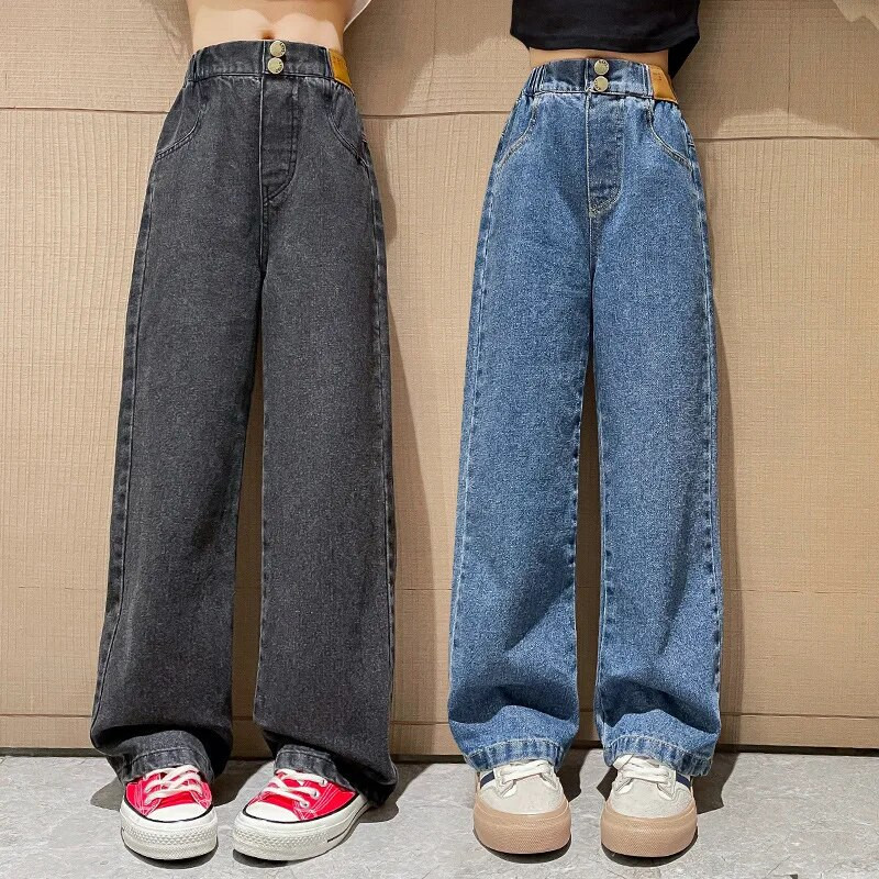 Moda Streetwear Blugi pentru fete cu talie înaltă Adolescente Pantaloni cu picioare largi Pantaloni din blugi Copii Jean negru 5-14 ani Haine casual