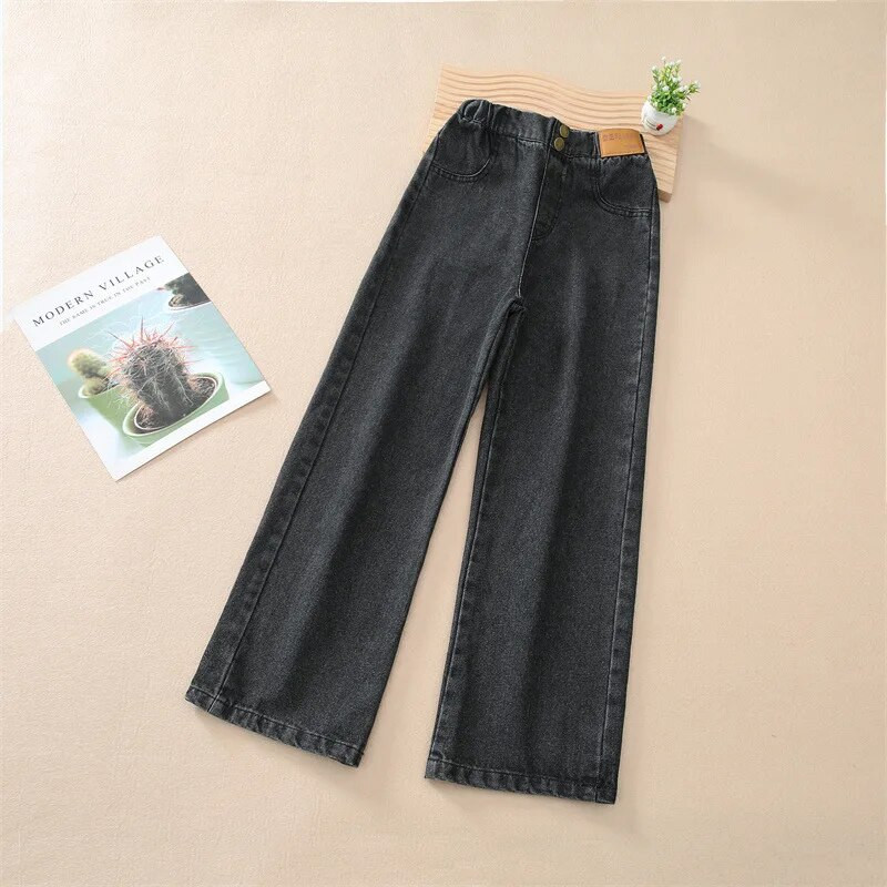 Moda Streetwear Blugi pentru fete cu talie înaltă Adolescente Pantaloni cu picioare largi Pantaloni din blugi Copii Jean negru 5-14 ani Haine casual