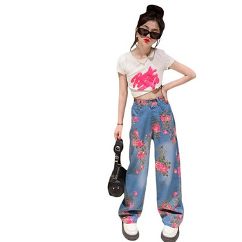 Пролетни дънки за момичета Уличен стил Деним 2024 Нова модна личност Големи детски широки панталони с цветя Пролетни и есенни панталони