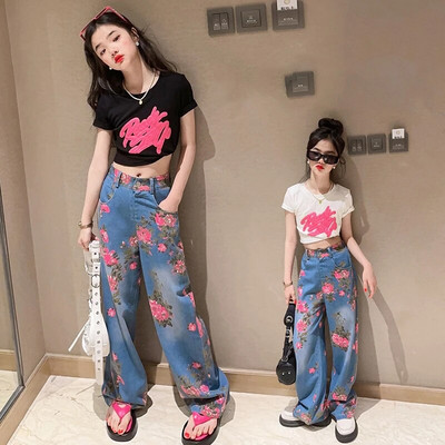 Meiteņu pavasara džinsi, ielas stila džinsi, 2024. gada jauna modes personība, lielas bērnu bikses ar ziediem, platām kājām pavasara un rudens bikses