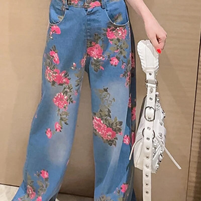 Blugi de primăvară fete Street Style Denim 2024 Noua personalitate la modă Copii mari Flori Pantaloni largi Pantaloni de primăvară și toamnă