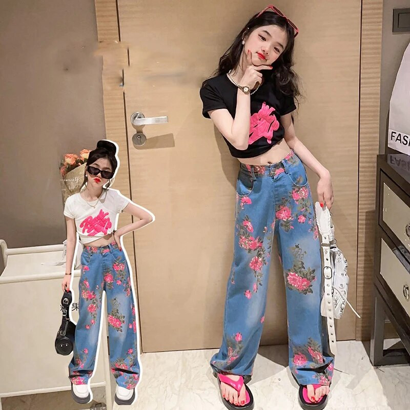 Blugi de primăvară fete Street Style Denim 2024 Noua personalitate la modă Copii mari Flori Pantaloni largi Pantaloni de primăvară și toamnă